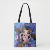 Funny Tote Tasche mit spielerisch Neugieriger Kuh (Vorderseite)