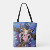 Funny Tote Tasche mit spielerisch Neugieriger Kuh (Rückseite)