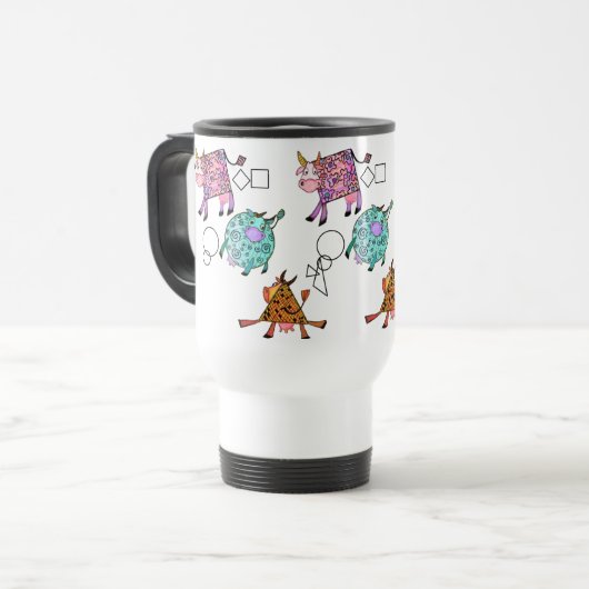 Funny Travel Mug mit farbenfrohen geometrischen Ni Reisebecher (Vorderseite Links)