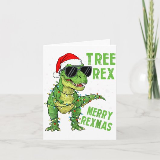 Funny Tree Rex Christmas Dinosaur Santa Hat Lights Karte (Vorderseite)