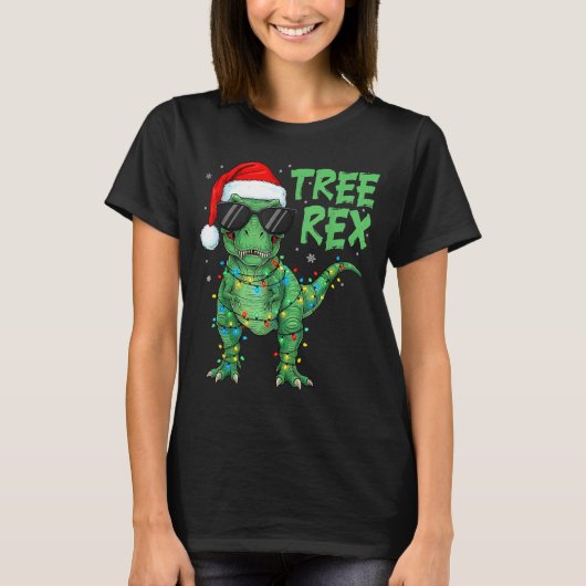 Funny Tree Rex Christmas Dinosaur Santa Hat Lights T-Shirt (Vorderseite)