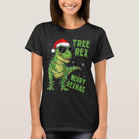 Funny Tree Rex Christmas Dinosaur Santa Hat Lights T-Shirt (Vorderseite)