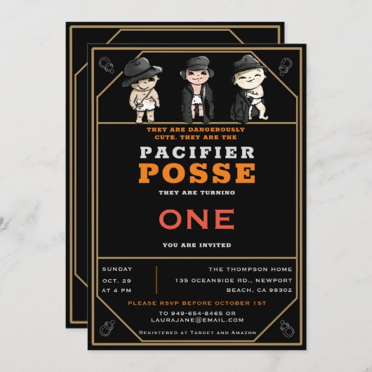 Funny Triplets Schnuller Posse Wild West Geburtsta Einladung (Vorne/Hinten)
