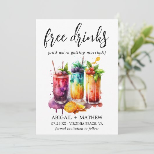 Funny Tropical Fruit Cocktails Drink Foto Hochzeit Save The Date (Stehend Vorderseite)