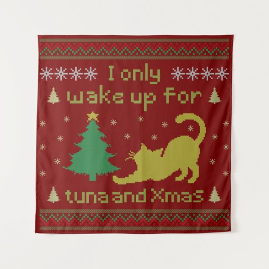 Funny Tuna Christmas Cat – Ugly Xmas Pixel Style Wandteppich (Vorderseite)