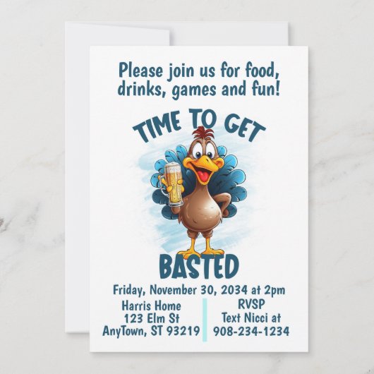 Funny Turkey Erntedank oder Friendsgiving Einladung (Rückseite)