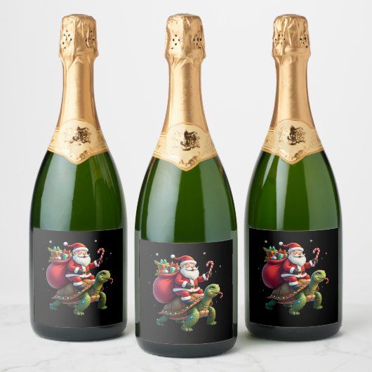 Funny Turtle Christmas Santa Riding Sea Turtle Xma Schaumweinetikett (Flaschen)
