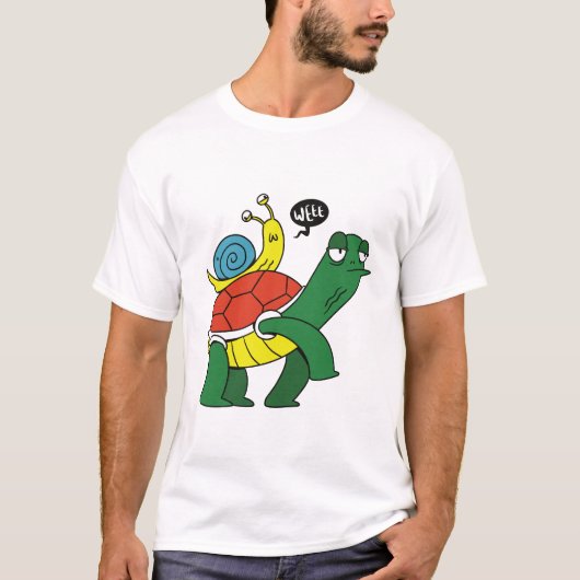 Funny Turtle Riding Snail Cartoon T-Shirt (Vorderseite)