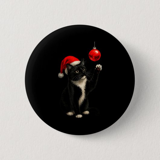 Funny Tuxedo Bauble Cat Santa Hat Red Xmas Christm Button (Vorderseite)