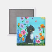 Funny Tuxedo Cat Blume Creationarts Magnet (Vorderseite/Rückseite)