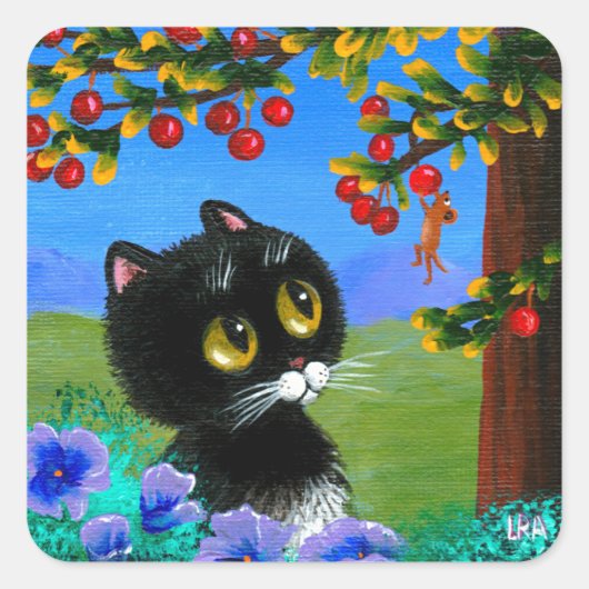 Funny Tuxedo Cat Mouse Creationarts Quadratischer Aufkleber (Vorderseite)