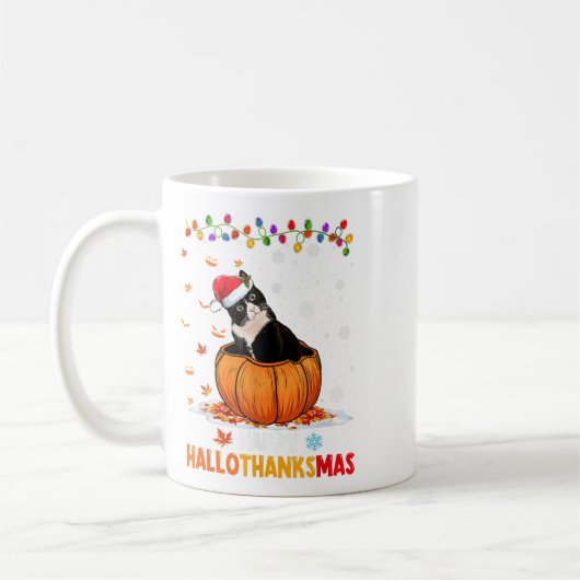 Funny Tuxedo Cat On Pumpkin Happy Hallothanksmas m Kaffeetasse (Links)