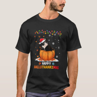 Funny Tuxedo Cat On Pumpkin Happy Hallothanksmas T-Shirt