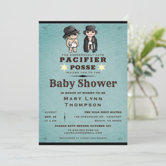 Funny Twins Schnuller Posse Western Baby Dusche Einladung (Stehend Vorderseite)