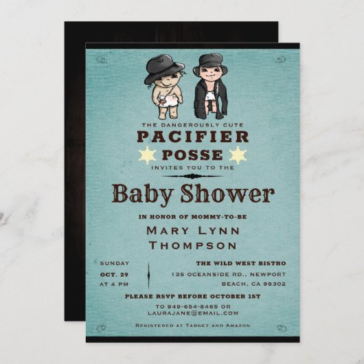 Funny Twins Schnuller Posse Western Baby Dusche Einladung (Vorne/Hinten)