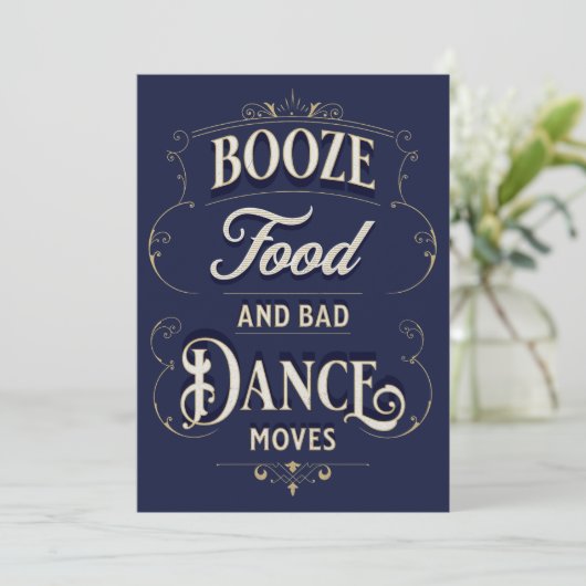 Funny Typografy Booze Food Dance bewegt Lässig Einladung (Stehend Vorderseite)