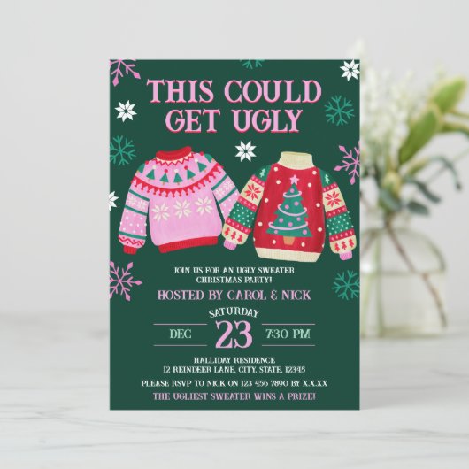Funny Ugge Sweater Christmas Party & Snowflakes Einladung (Stehend Vorderseite)
