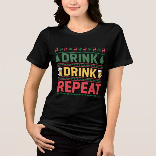 Funny Ugly Christmas Sweater Drink Bier Script Tri-Blend Shirt (Vorderseite)
