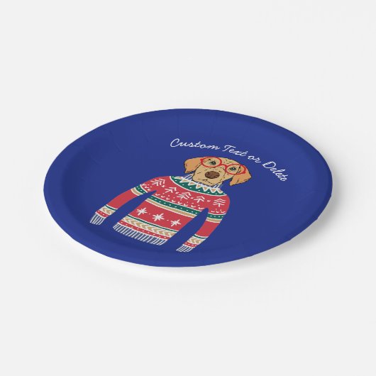 Funny Ugly Christmas Sweater, Hund mit Brille Pappteller (Schrägansicht)