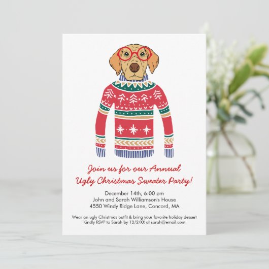 Funny Ugly Christmas Sweater Party Niedlich Dog Einladung (Stehend Vorderseite)