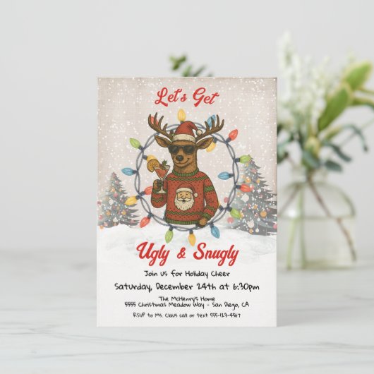 Funny Ugly Christmas Sweater Reindeer Cocktail Einladung (Stehend Vorderseite)