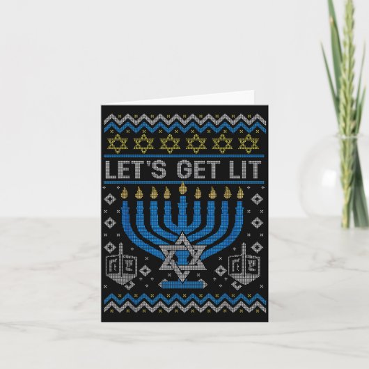 Funny Ugly Hanukkah Sweater Lets Get Lit Menorah J Karte (Vorderseite)