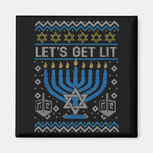 Funny Ugly Hanukkah Sweater Lets Get Lit Menorah J Magnet (Vorne)