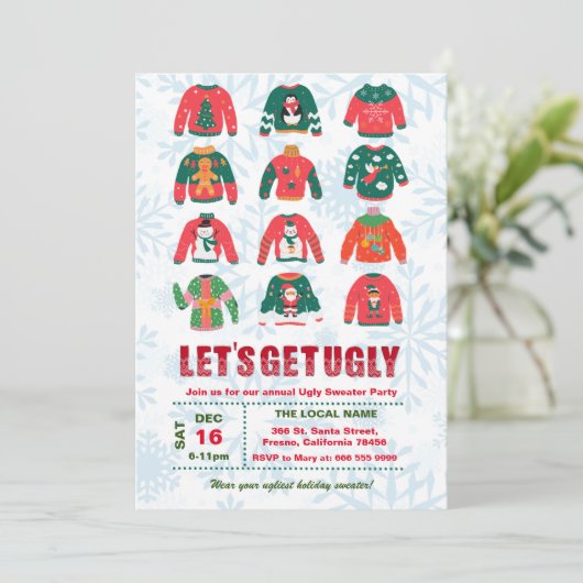 Funny Ugly Sweater Christmas Party Einladung (Stehend Vorderseite)