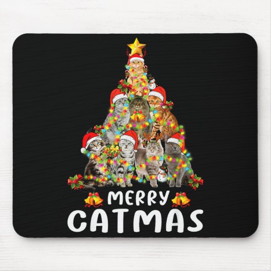 Funny Ugly Sweater Christmas Tree Shirt Cat Lights Mousepad (Vorne)