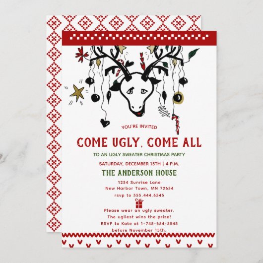 Funny Ugly Sweater Reindeer Nordischer Strick Weih Einladung (Vorne/Hinten)