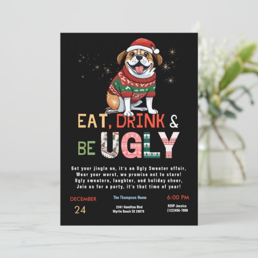 Funny Ugly Sweater Weihnachts-Party Einladung (Stehend Vorderseite)