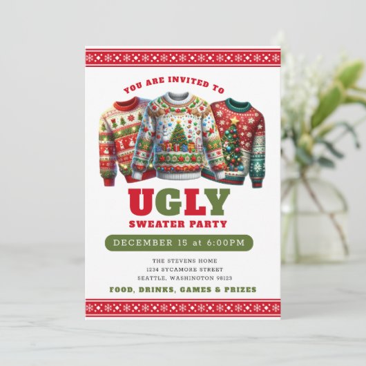 Funny Ugly Sweater Weihnachts-Party Einladungen (Stehend Vorderseite)