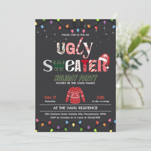 Funny Ugly Sweater Weihnachtsfeier Einladung (Stehend Vorderseite)
