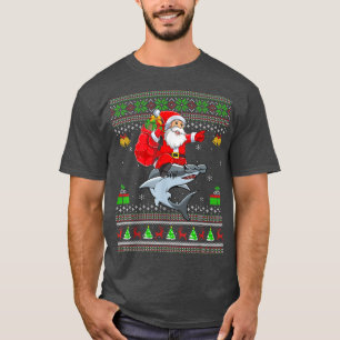 Funny Ugly Xmas Santa Riding Hammerhead Hai Fisch T-Shirt
