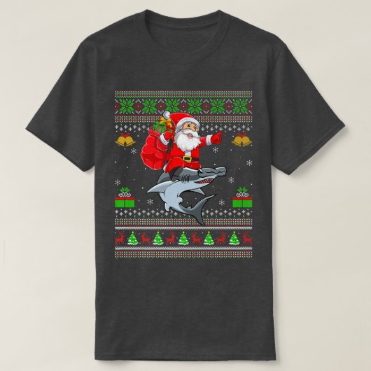 Funny Ugly Xmas Santa Riding Hammerhead Shark Fish T-Shirt (Design vorne)