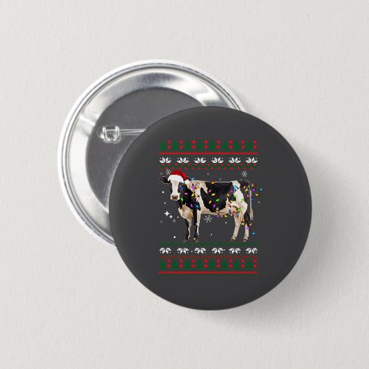 Funny Ugly Xmas Sweater Dairy Cow Farmer Lights Ch Button (Vorne & Hinten)