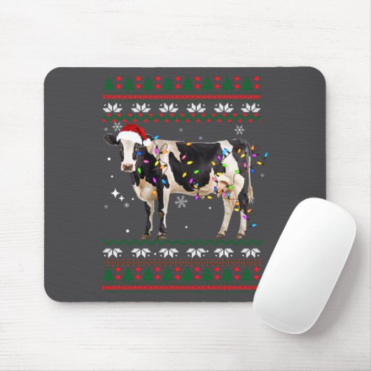 Funny Ugly Xmas Sweater Dairy Cow Farmer Lights Ch Mousepad (Mit Mouse)