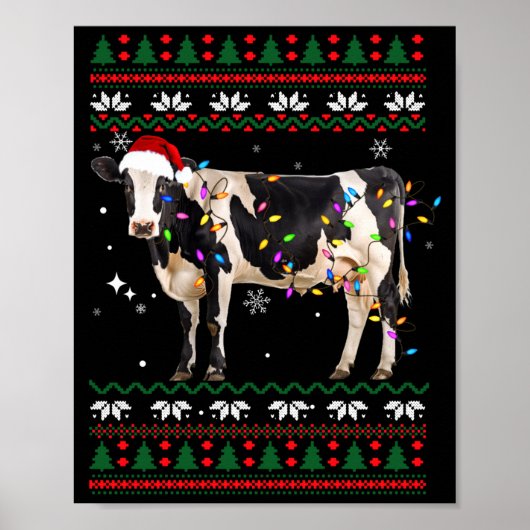 Funny Ugly Xmas Sweater Dairy Cow Farmer Lights Ch Poster (Vorne)