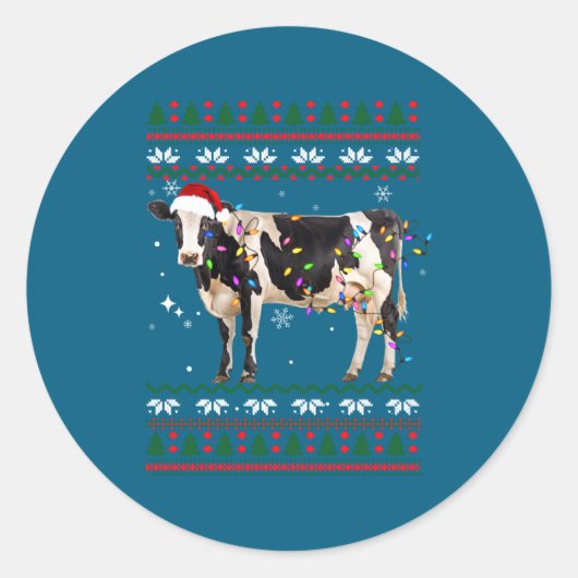 Funny Ugly Xmas Sweater Dairy Cow Farmer Lights Ch Runder Aufkleber (Vorderseite)