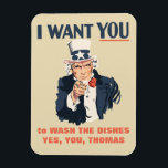 Funny Uncle Sam Custom Message Magnet<br><div class="desc">Schämen Sie Ihren Mitbewohner,  seine Geschirr zu waschen,  erinnern Sie Ihre Kinder daran,  die Kühlschrank-Tür nah,  dieser lustige Magnet ist bereit,  mit Ihrer eigenen Botschaft und zeigt eine Abbildung von Onkel Same im Stil des klassischen Rekrutierungspakets.</div>