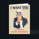 Funny Uncle Sam Patriotic Birthday Karte<br><div class="desc">Uncle Sam will dir einen glücklichen Geburtstag! Diese Geburtstagskarte hat das Aussehen des klassischen Uncle Sam Rekrutierungspakets und ist somit perfekt für amerikanische Geschichtsschwärmer, patriotische Freunde und vieles mehr. Außerdem können sowohl der rote als auch der marineblau Text auf der Innenseite dieser Karte mit Ihrem Gruß angepasst werden, sodass Sie...</div>