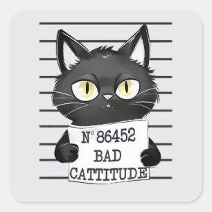 Funny und Niedlich Black Cat Mugshot Quadratischer Aufkleber