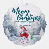 Funny Unicorn Merry Xmas Baum Schnee Urlaub Ornament Karte (Vorderseite)