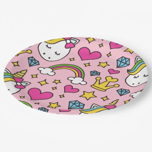 Funny Unicorn Muster Pink Magic Horse Niedlich Pappteller (Schrägansicht)