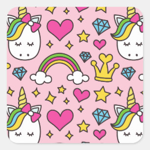 Funny Unicorn Muster Pink Magic Horse Niedlich Quadratischer Aufkleber