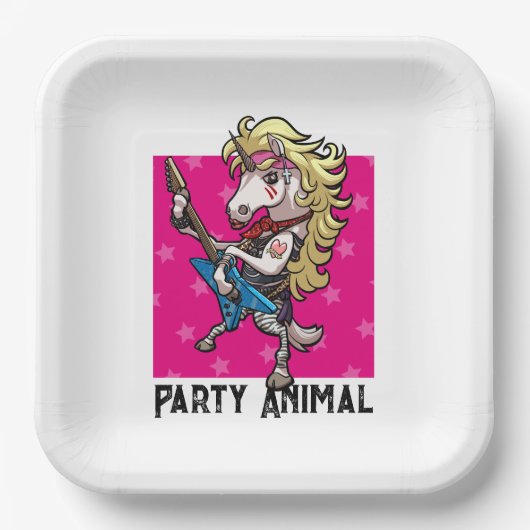 Funny Unicorn Party Animal Glam Rocker Cartoon Pappteller (Vorderseite)