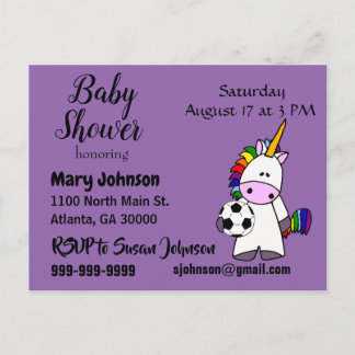 Funny Unicorn Playing Soccer Baby Shower Einladungspostkarte