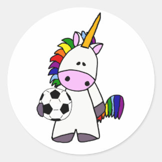 Funny Unicorn Playing Soccer Cartoon Runder Aufkleber