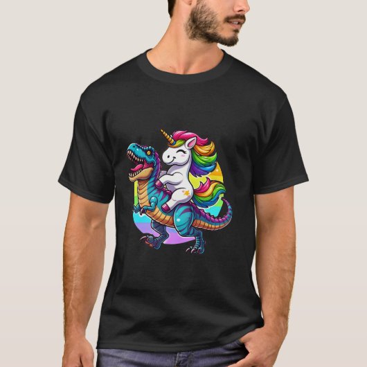 Funny Unicorn Riding Dinosaur T Rex Rainbow Duo Ad T-Shirt (Vorderseite)