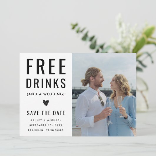 Funny Unique Free Drinks Qr Code Foto Hochzeit Save The Date (Stehend Vorderseite)